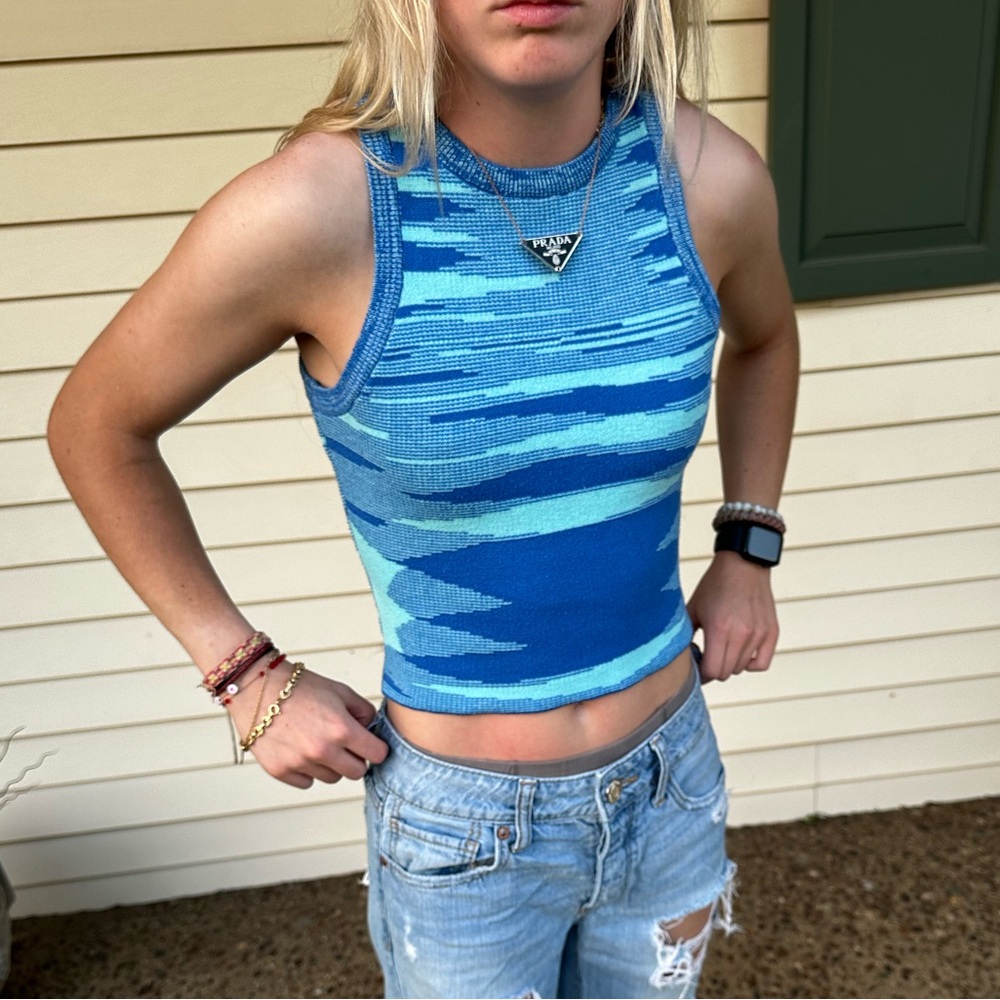 Blue Patterned Sleeveless Top